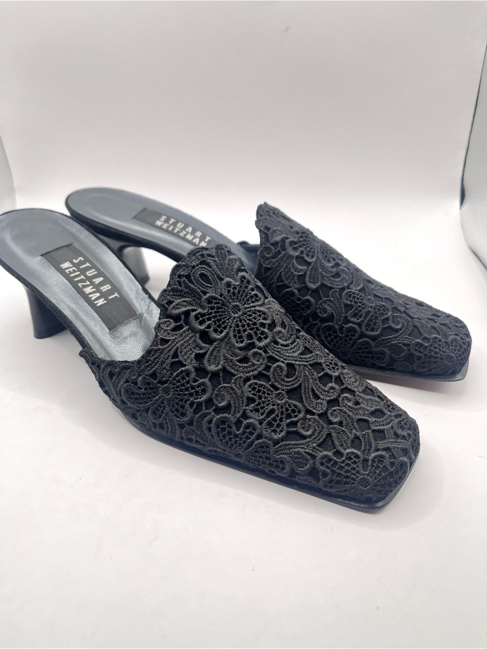 Stuart Weitzman 7B Black Lace Mule Kitten Heels